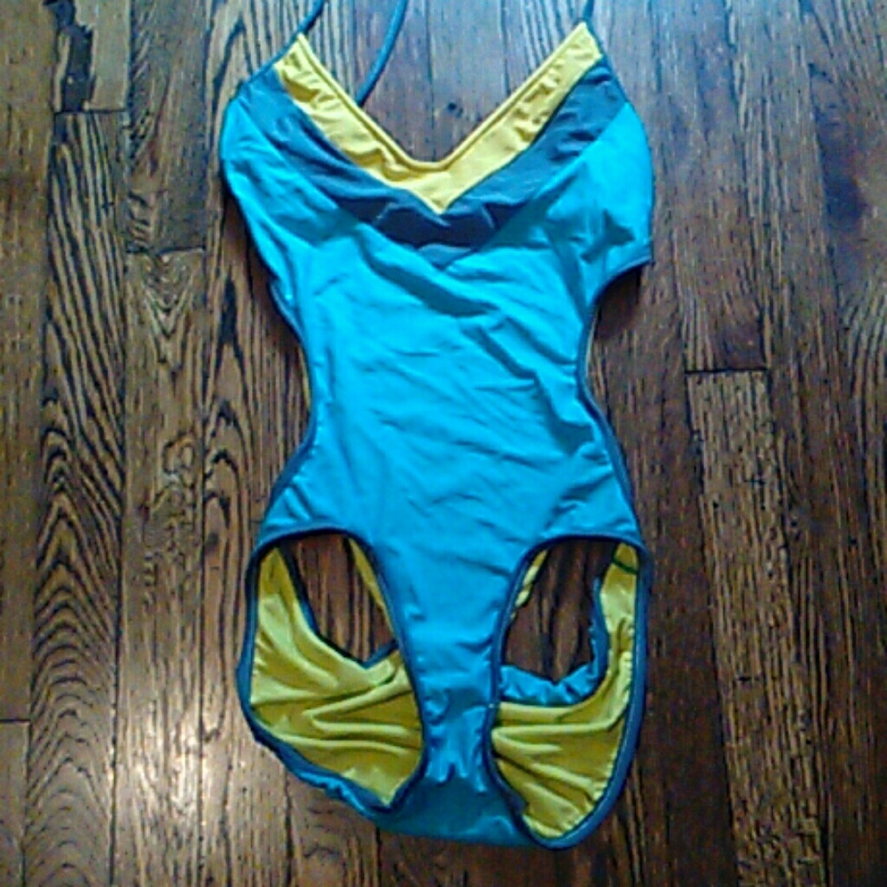 Blue, Yellow,and Gray one piece swim suit
